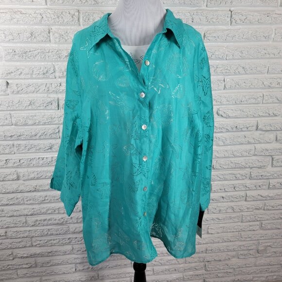 Alfred Dunner Womens Top 2X Plus 3/4 Sleeve with Tank Eyelet Lightweight BLU146E - Picture 1 of 11